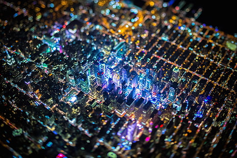 şehir binaları ışık ile heykelcik, yakın çekim fotoğraf LED bilgisayar cips, tilt shift, ABD, gece, şehir, havadan görünümü, cityscape, ışıklar, HD masaüstü duvar kağıdı HD wallpaper