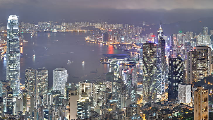 Гонконг Здания Небоскребы Ночь HD, ночь, здания, городской пейзаж, небоскребы, Гонконг, Гонконг, HD обои