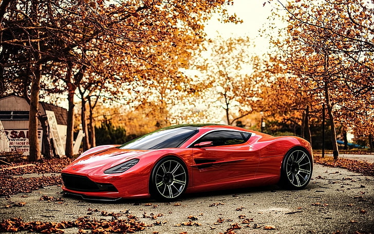 cupé rojo Aston Martin DBC, Aston Martin, automóvil, Aston Martin DBC, concept cars, automóviles rojos, vehículo, hojas, urbano, árboles, Fondo de pantalla HD