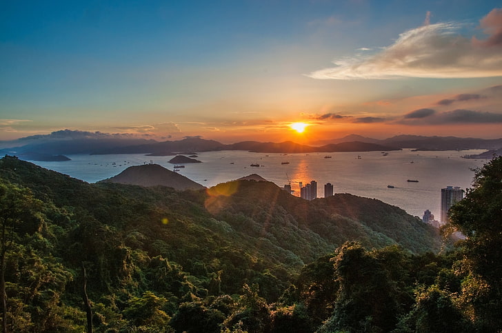 sunset, hills, Hong Kong, panorama, Repulse Bay, Islands, HD wallpaper