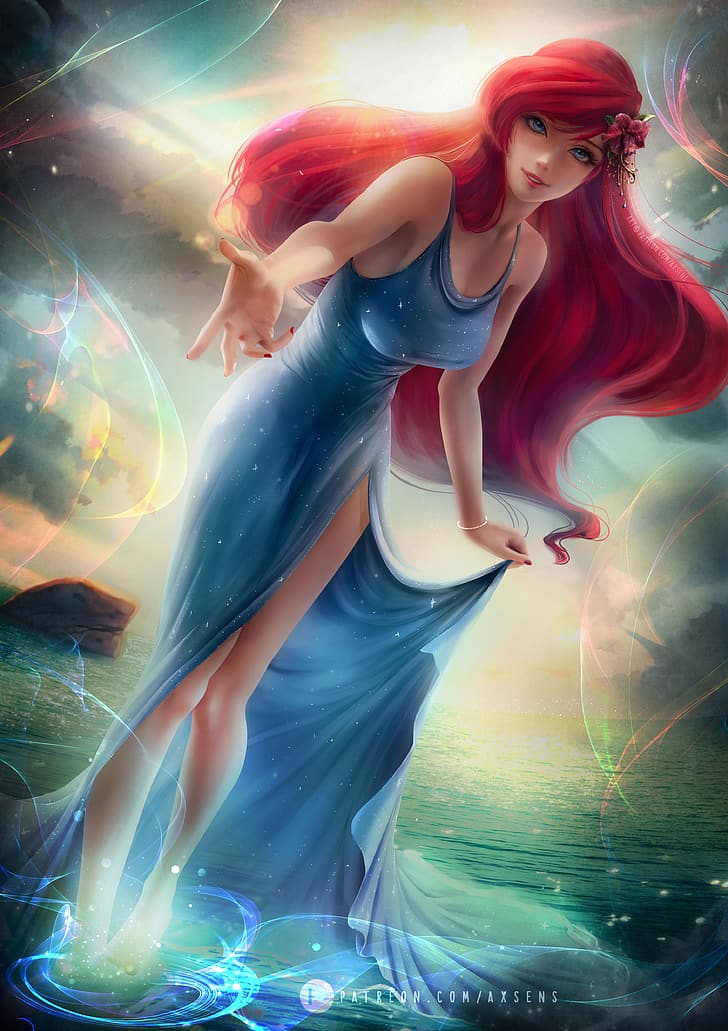 illustration, artwork, digital art, fan art, axsens, drawing, The Little Mermaid, long hair, redhead, Disney, Disney princesses, blue dress, women, HD wallpaper