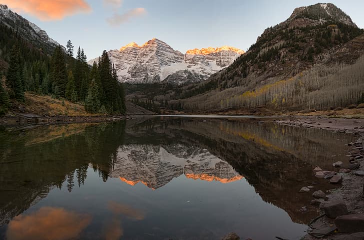 Pitkin, Colorado, landscape, nature, lake, mountains, reflection, photography, maroon bells, sunrise, HD wallpaper