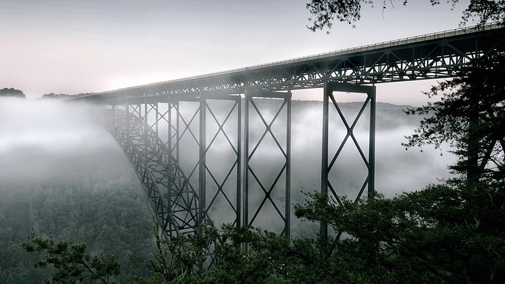 pont métallique gris, virginie occidentale, pont, brouillard, nouveau pont de gorge de rivière, Fond d'écran HD