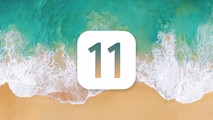 ios 11, пляж, вид сверху, волны, технологии, HD обои