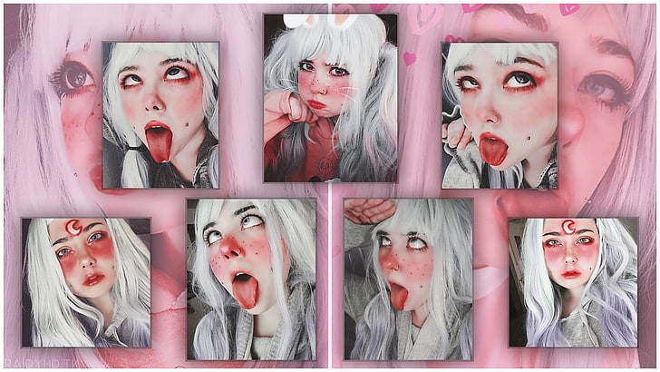 women's gray top collage, ahegao, cosplay, white hair, HD wallpaper