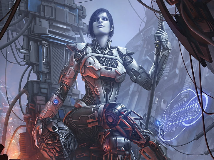 wanita memegang ilustrasi pedang, cyborg, perang, futuristik, Gelombang Retro Baru, Wallpaper HD