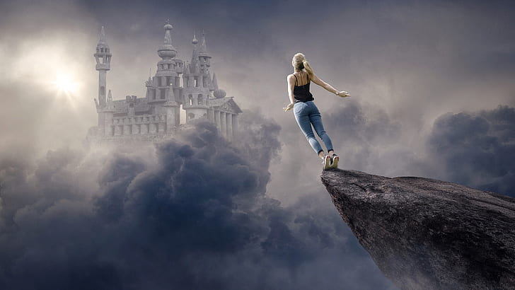 the sky, girl, the sun, clouds, rays, light, flight, the city, pose, rock, rendering, castle, fantasy, fiction, open, jump, stone, height, sleep, jeans, hands, drop, art, blonde, Palace, ponytail, heavenly, modern, Ghost, suicide, breathtaking, jump off a cliff, HD wallpaper