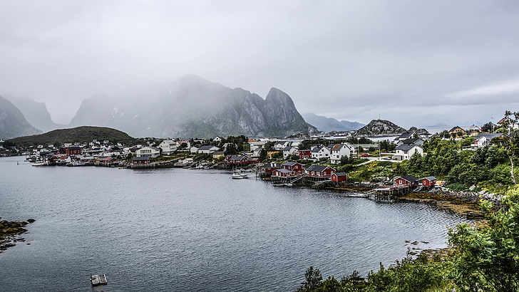 sea, cloudy, countryside, norway, europe, lofoten, scandinavia, fjord, HD wallpaper