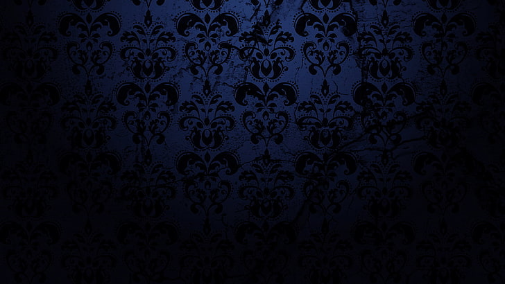wallpaper bunga hitam dan putih, gelap, pola, biru, tekstur, Wallpaper HD