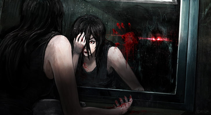 зеркало, черные волосы, красные глаза, кровь, светящиеся глаза, цифровое искусство, женщины, демон, HD обои