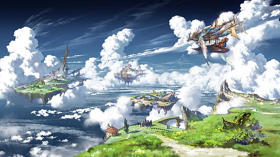 granblue fantasy, пейзаж, плавающий остров, облака, корабль, аниме игры, аниме, HD обои HD wallpaper