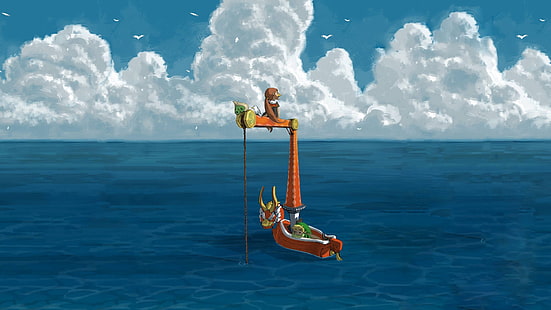 червена и оранжева лодка картинки, фентъзи изкуство, Легендата за Зелда, Връзка, Легендата за Зелда: Вятърът, HD тапет HD wallpaper