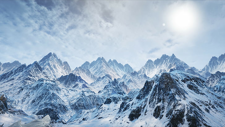 schneebedeckte Bergkette, Berge, Schnee, Winter, 4k, HD-Hintergrundbild