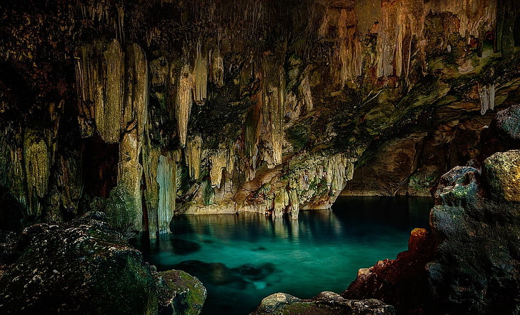 кафява и сива пещера, пещера, ценоти, сталактити, вода, природа, HD тапет