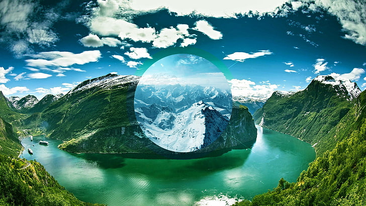 Foto de paisaje de montaña y río, paisaje, mar, círculo, Geirangerfjord, Noruega, montañas, naturaleza, arte digital, Fondo de pantalla HD