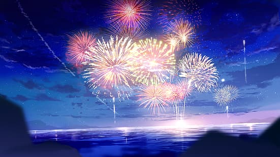  anime, fireworks, cartoon, sea foam, night sky, HD wallpaper HD wallpaper