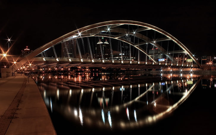 bridge, cityscape, lights, night, HD wallpaper