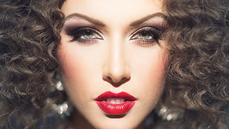 Make-up, Gesicht, Frauen, Modell, Porträt, roter Lippenstift, lockiges Haar, HD-Hintergrundbild