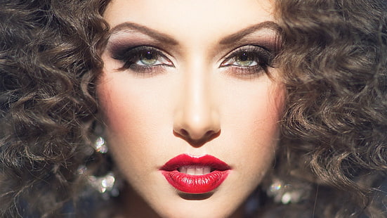 makeup, face, women, model, portrait, red lipstick, curly hair, HD wallpaper HD wallpaper