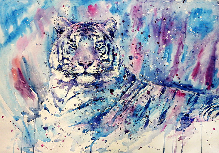 arte de tigre albino, tigres brancos, tigre, trabalho artístico, pintura, aquarela, azul, roxo, animais, HD papel de parede