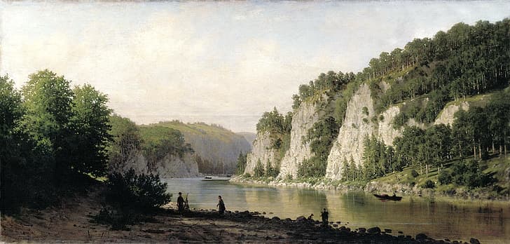 forest, water, trees, landscape, nature, people, shore, picture, fishermen, painting, canvas, the bushes, Stone 
