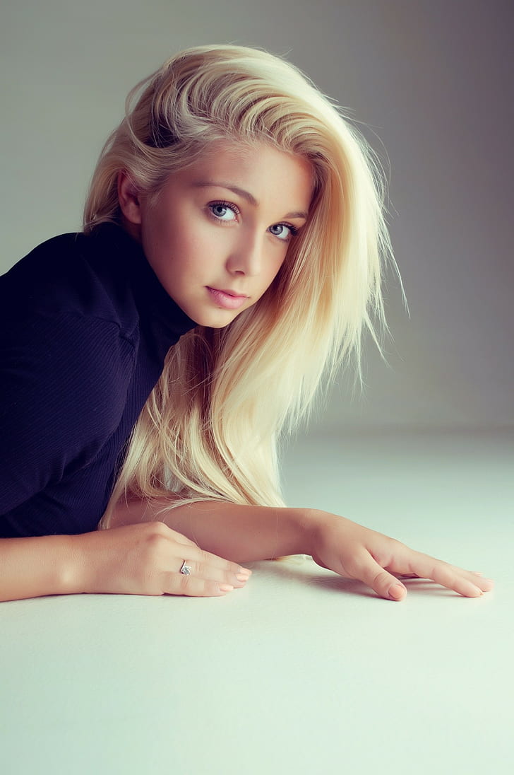 women's black top, blonde, model, Russian, Katarina Pudar, HD wallpaper