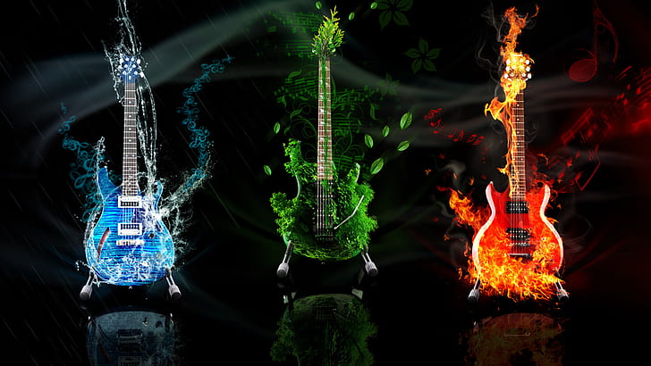 water, fire, earth, element, guitar, HD wallpaper