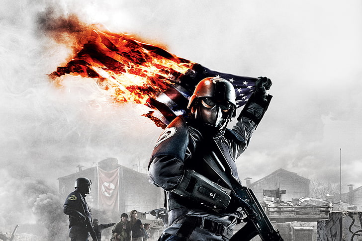 man with gun game character illustration, War, Flag, Machine, Fighter, Homefront, Burning Flag, HD wallpaper
