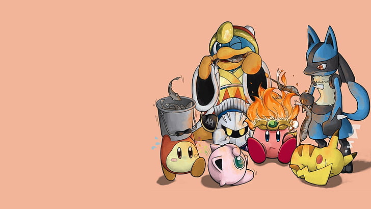 background, brothers, camping, dedede, dee, games, jigglypuff, king, kirby, lucario, metaknight, pikachu, pokemon, simple, smash, super, video, waddle, HD wallpaper