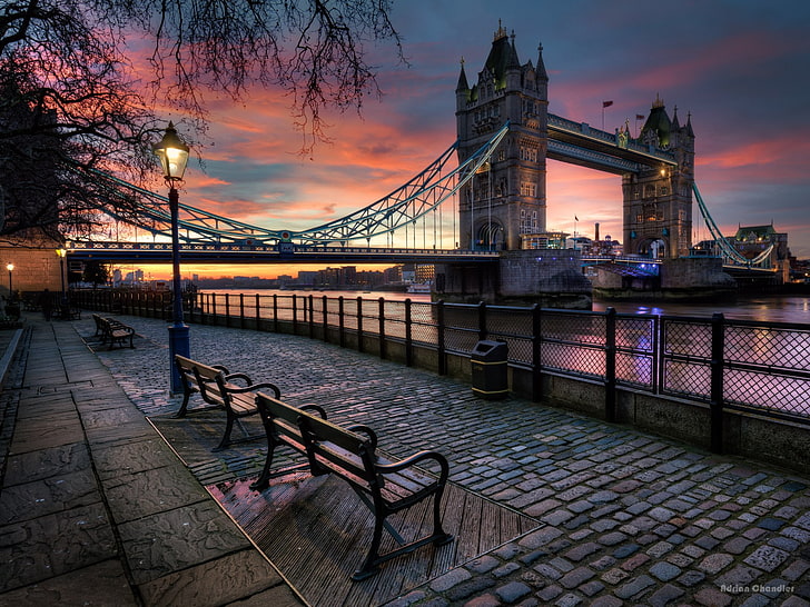 Мосты, Тауэрский мост, Скамейка, Англия, Лондон, Улица, Закат, Великобритания, HD обои