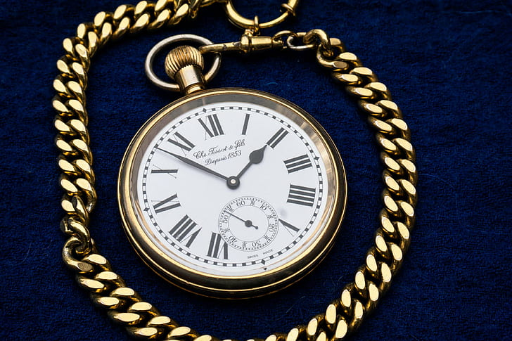 analog watch, antique, chain link, clock, gold, pocket watch, time, HD wallpaper