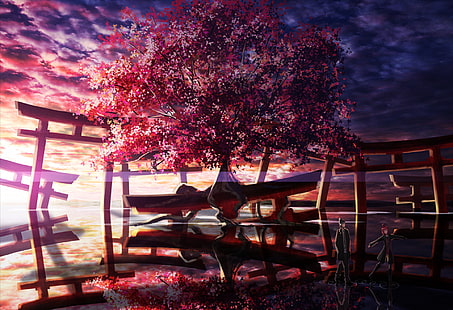 Anime, oryginał, chmura, sakura, świątynia, drzewo, Tapety HD HD wallpaper
