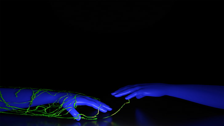 two hands trying to reach each other, hands, mannequin, neon, HD wallpaper
