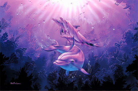 arte, cristiano, corales, profundo, delfín, delfines, fantasía, Lassen, Ocea, Riese, mar, bajo el agua, Fondo de pantalla HD HD wallpaper