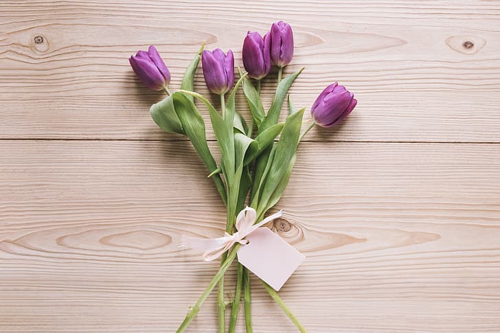 flowers, bouquet, tulips, love, fresh, wood, romantic, spring, purple, with love, HD wallpaper