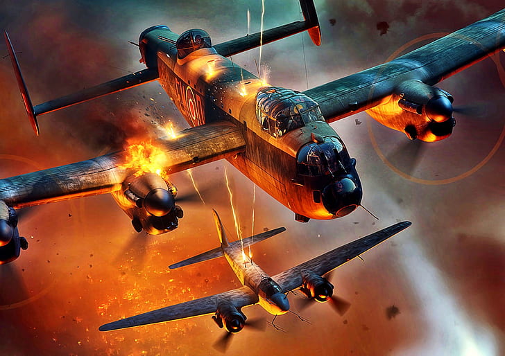 огонь, Вторая мировая война, Ланкастер, тяжелый бомбардировщик, Avro, ночная бомбардировка Германии, Ju-88R-2, тяжелый ночной истребитель, странная музыка, HD обои