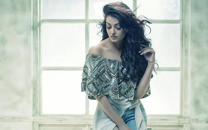Aishwarya Filmfare, дамска синя и сива рокля извън рамото, Женски знаменитости, Aishwarya Rai, Боливуд, актриса, Aishwarya Rai Bachchan, HD тапет