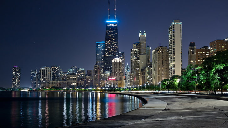 nuit, lumières de la ville, états-unis, promenade, états-unis, eau, ciel, centre-ville, ilinois, centre de john hancock, tour, métropole, chicago, gratte-ciel, réflexion, ligne d'horizon, ville, paysage urbain, Fond d'écran HD