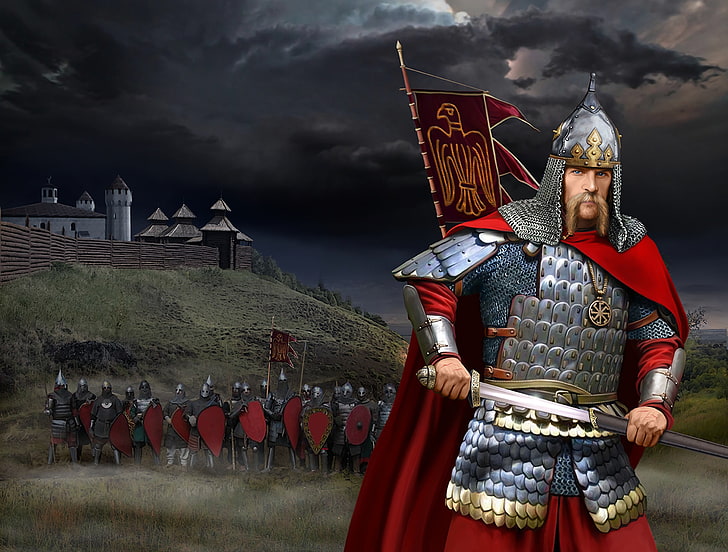army of spartans digital wallpaper, figure, Sword, Warrior, Helmet, Kolovrat, squad, Segmented-plate armor, Ancient Rus, Slavic, Kite shield, HD wallpaper