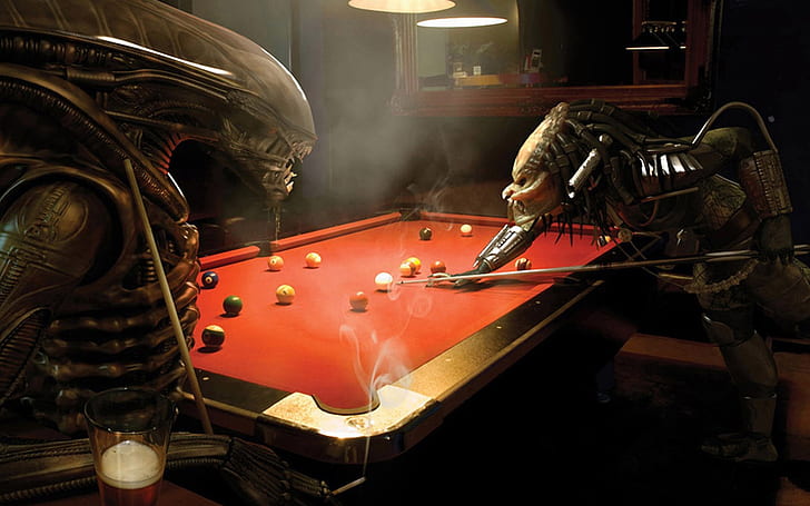 Alien and Predator Playing Billiards, game, cue, space, funny, HD wallpaper