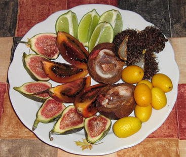 асорти плодове, чиния, лимон, смокиня, райска ябълка, HD тапет HD wallpaper