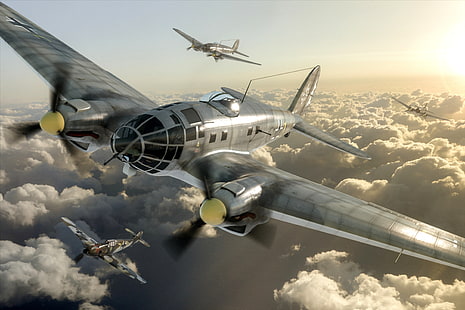Ilustración de avión gris, el cielo, nubes, figura, luchador, arte, bombarderos, aviones, apoyo, alemán, WW2, Heinkel He 111, Messerschmitt BF 109, Fondo de pantalla HD HD wallpaper