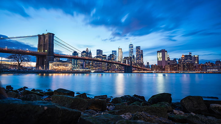 градска зона, САЩ, САЩ, Ню Йорк, Бруклински мост, хоризонт, вечер, дневно време, небостъргач, здрач, отражение, син час, метрополия, мост, столичен район, забележителност, небе, град, силует, градски пейзаж, син градски пейзаж, HD тапет