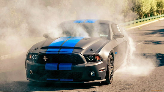 hitam dan biru Ford Mustang coupe, mobil sport, Ford Mustang, Wallpaper HD HD wallpaper