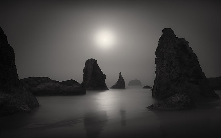 grayscale islets surrounded by fog wallpaper, landscape, HD wallpaper