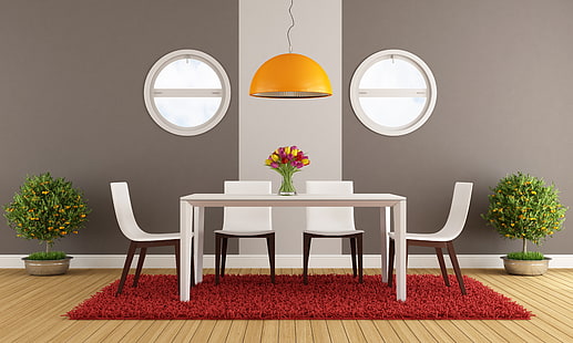 طاولة طعام خشبية بيضاء ، داخلية ، حديثة ، غرفة طعام ، تصميم أنيق ، معاصر، خلفية HD HD wallpaper