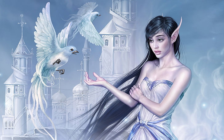 женская иллюстрация эльфа, фэнтези, эльф, птица, замок, HD обои