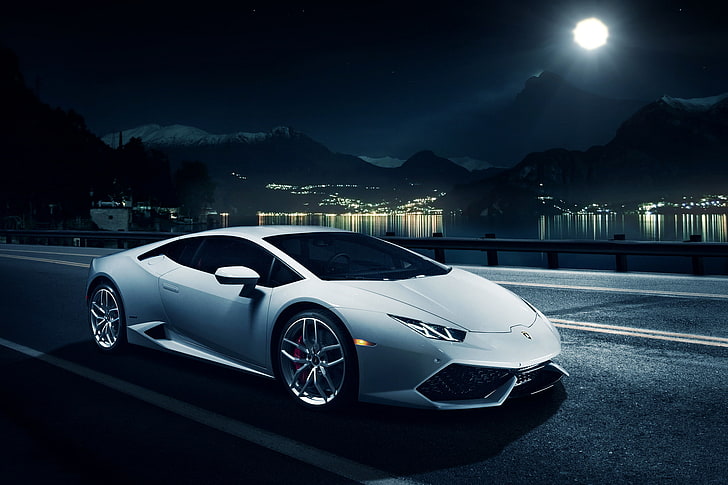 white coupe, night, Lamborghini, horizon, white, front, LP 610-4, Huracan, Ronaldo Stewart, LB724, HD wallpaper