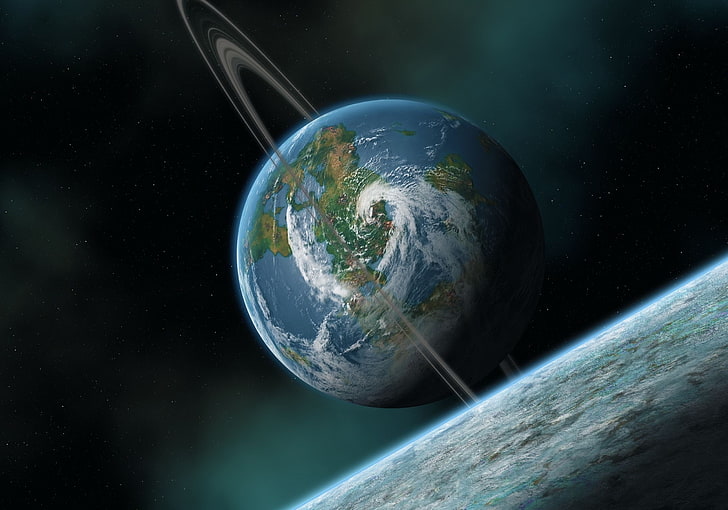 planeta z pierścieniem asteroidy, ziemią, pierścieniem, satelitą, cyklonem, kosmosem, Tapety HD