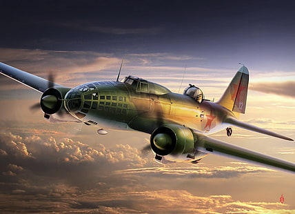เครื่องบินรบสีเขียวและสีแดงท้องฟ้ารูปศิลปะโซเวียตสงครามรักชาติอันยิ่งใหญ่เครื่องบินทิ้งระเบิดระยะไกล (Il-4) DB-3, วอลล์เปเปอร์ HD HD wallpaper